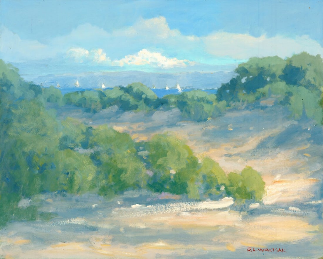 Robert Waltsak (NJ,b 1944) oil painting: ARTIST: Robert Alan Waltsak (New Jersey, born 1944) TITLE: Coastal Landscape MEDIUM: oil on board CONDITION: Few minor paint losses. No visible inpaint under UV light.
