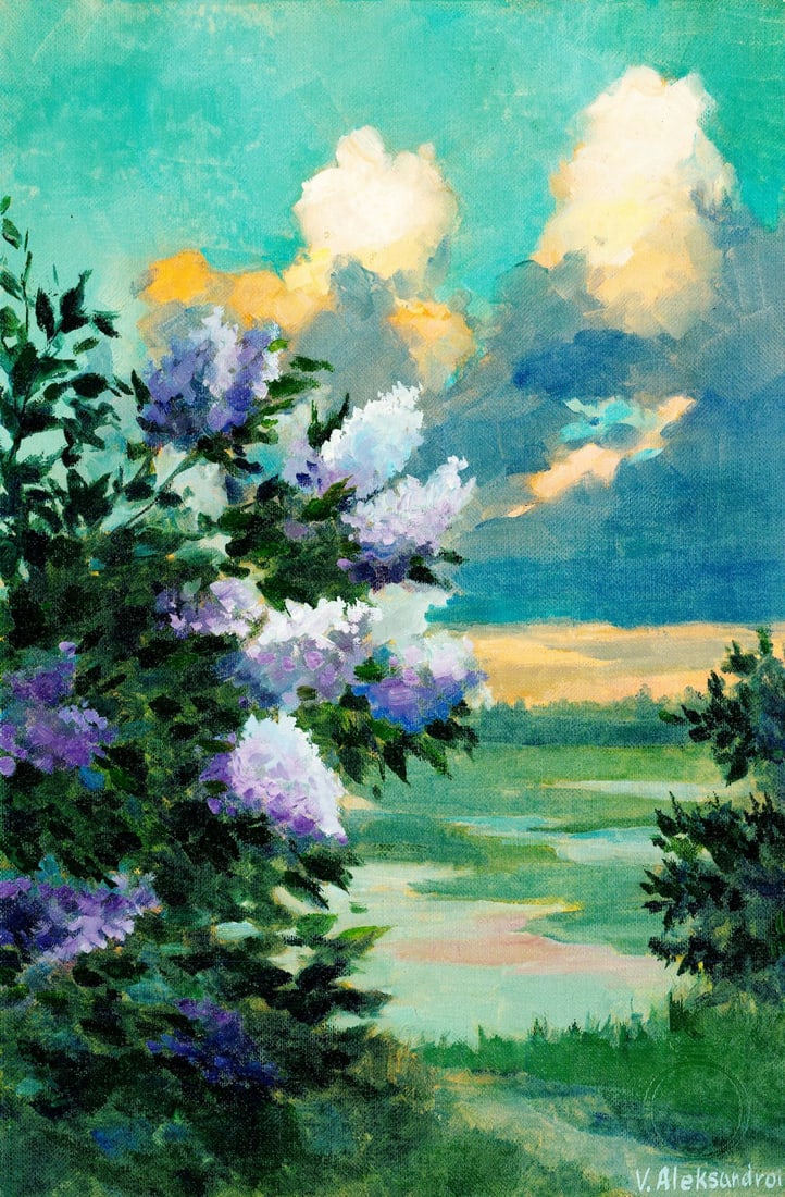 Victoria Aleksandroi (Ukraine,20/21C) oil painting: ARTIST: Victoria Aleksandroi (Ukraine, 20/21 centuries) TITLE: Landscape with Lilacs MEDIUM: oil on heavy paper CONDITION: Very good. No visible inpaint under UV light. <