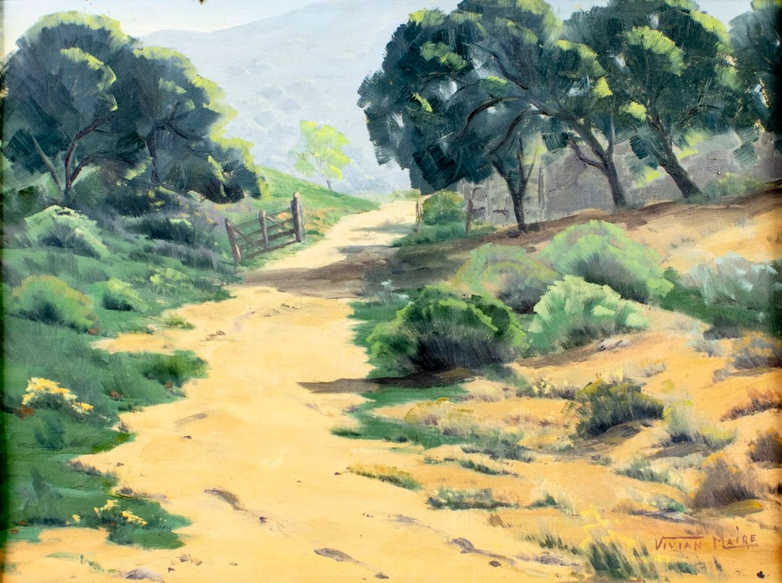 Vivian Maire (US,20C) oil painting: ARTIST: Vivian Maire (American, 20 century) TITLE: Countryside Landscape MEDIUM: oil on canvas board CONDITION: Some small damages to edges. Few minor paint losses. No visib