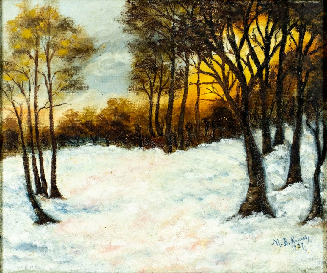 M B Kennedy (US,mid 20C) oil painting antique: ARTIST: M B Kennedy (American, mid 20 century) TITLE: Wood in Winter (titled on verso) YEAR: 1937 MEDIUM: oil on canvas. Canvas applied to board. CONDITION:
