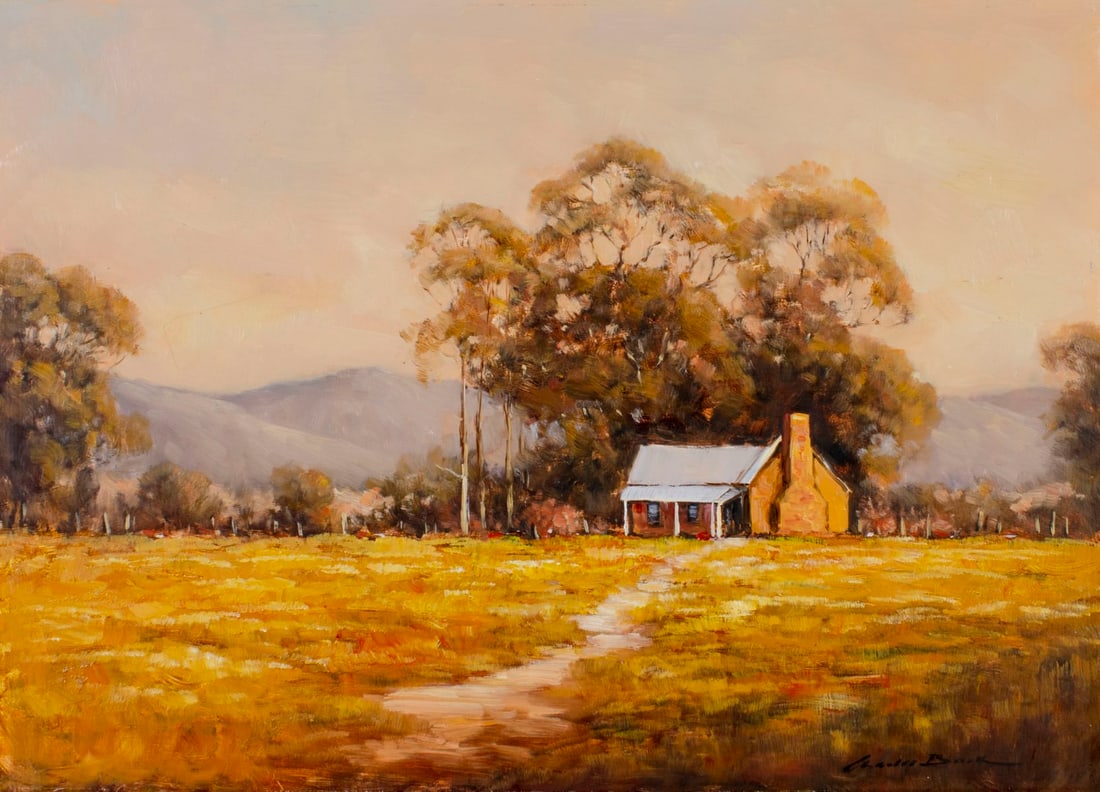Charles Bock (Germany,Australia,1934-?) oil painting: ARTIST: Charles Bock (German, Australian, 1934 - ???) TITLE: Moorooduc Farmhouse, Melbourne, Australia (titled on verso) MEDIUM: oil on board CONDITION: Few small scratche