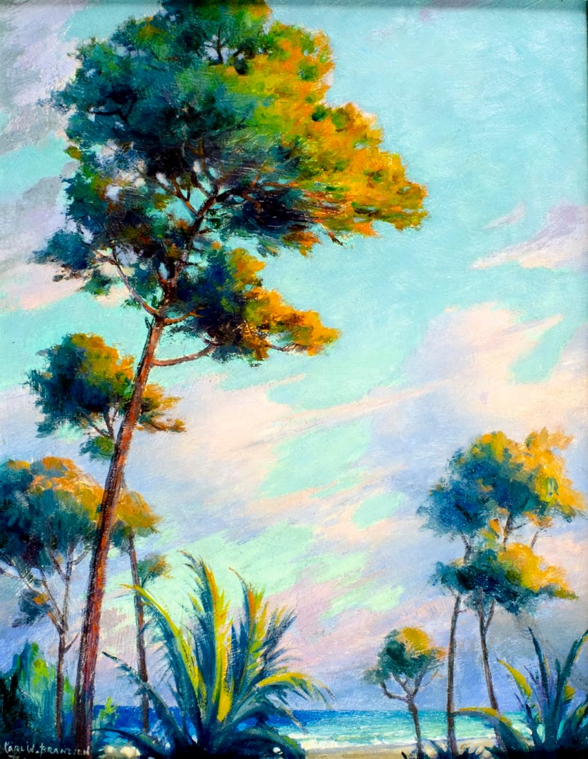 Carl Brandien (NY,1886-1965) oil painting: ARTIST: Carl William Brandien (New York, 1886 - 1965) TITLE: A Glipmse of the Sea (titled on verso) YEAR: 1954 MEDIUM: oil on board CONDITION: Some sca