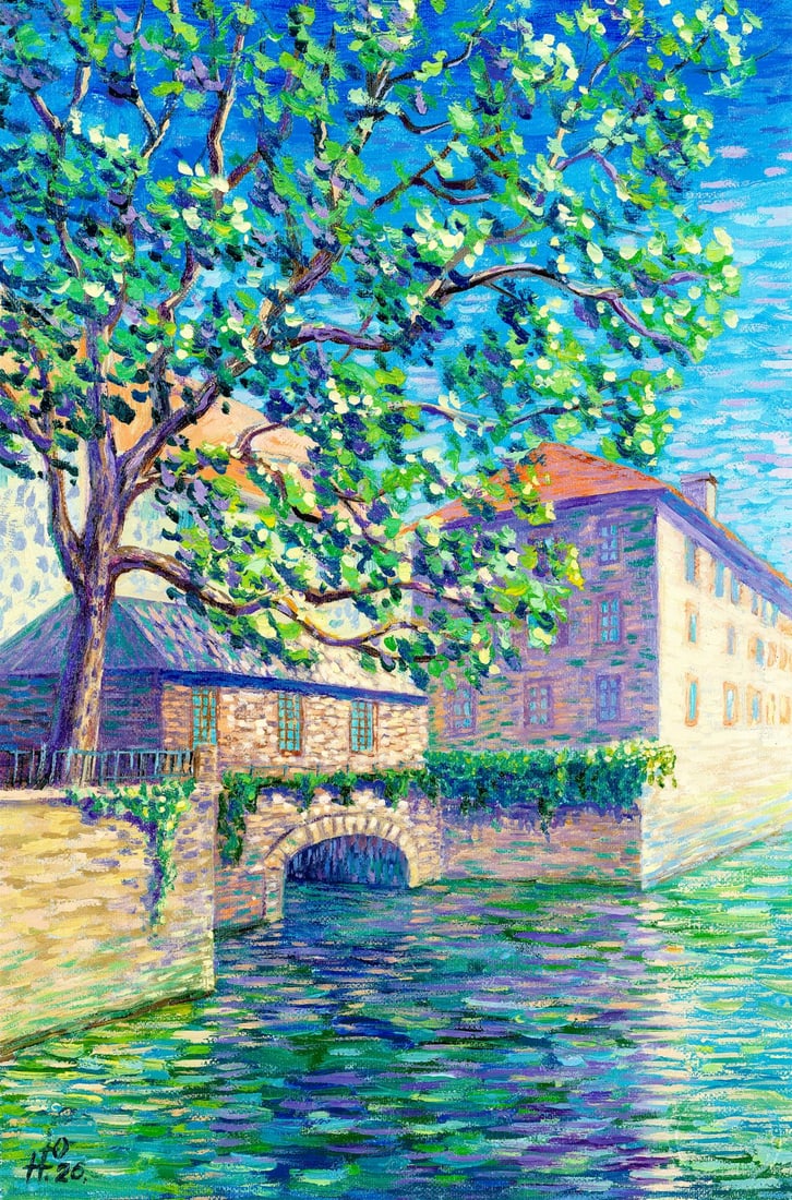 Yulia Novikova (Ukraine,20/21C) oil painting: ARTIST: Yulia Novikova (Ukraine, 20/21 centuries) TITLE: Canal Landscape with Stone Bridge MEDIUM: oil on heavy paper CONDITION: Very good. No visible inpaint under UV light