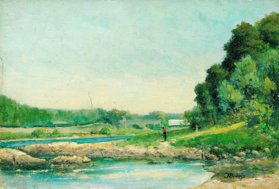 Antique early 20C European oil painting signed: ARTIST: - (Europe, early 20 century) TITLE: River Landscape with Figure MEDIUM: oil on board CONDITION: One small vertical crack (1" long). Few minor paint losses. No visibl