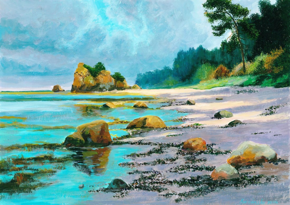 Katerina Kovalevska (Ukraine,20/21C) acrylic painting: ARTIST: Katerina Kovalevska (Ukraine, 20/21 centuries) TITLE: Coastal Landscape MEDIUM: acrylic on heavy paper CONDITION: Very good. No visible inpaint under UV light.