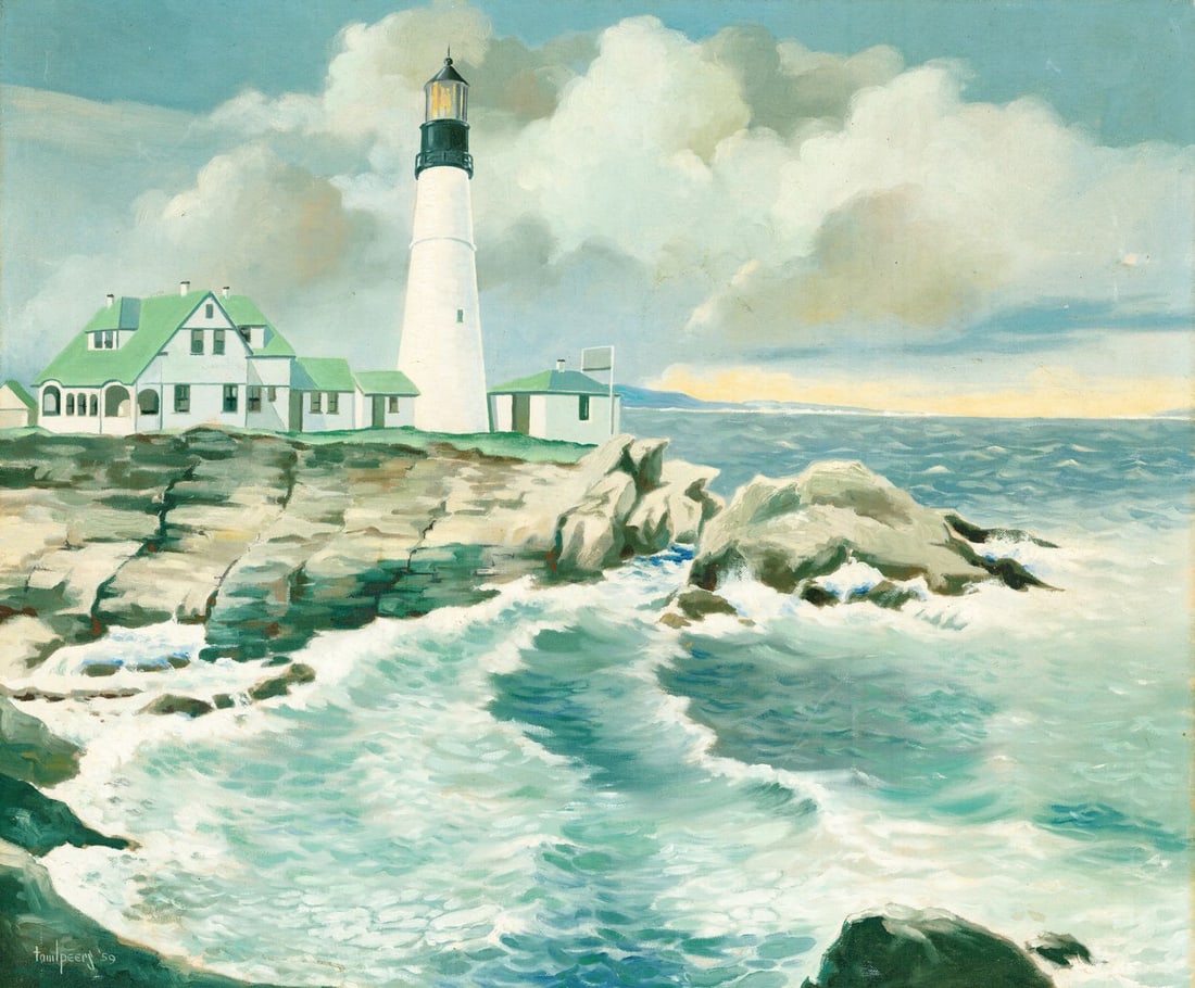 Tom L Peers (ME,mid 20C) oil painting: ARTIST: Tom L Peers (Maine, mid 20 century) TITLE: Coastal Landscape with Lighthouse YEAR: 1959 MEDIUM: oil on canvas board CONDITION: Some scratches/pai
