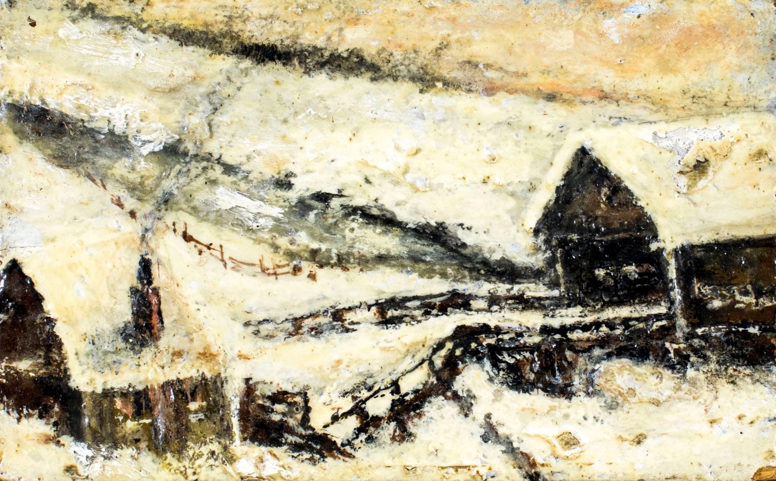 Vintage mid 20C American oil painting: ARTIST: - (American, mid 20 century) TITLE: Winter Country Landscape MEDIUM: oil on board CONDITION: Few paint losses in upper right corner. No visible inpaint under UV li