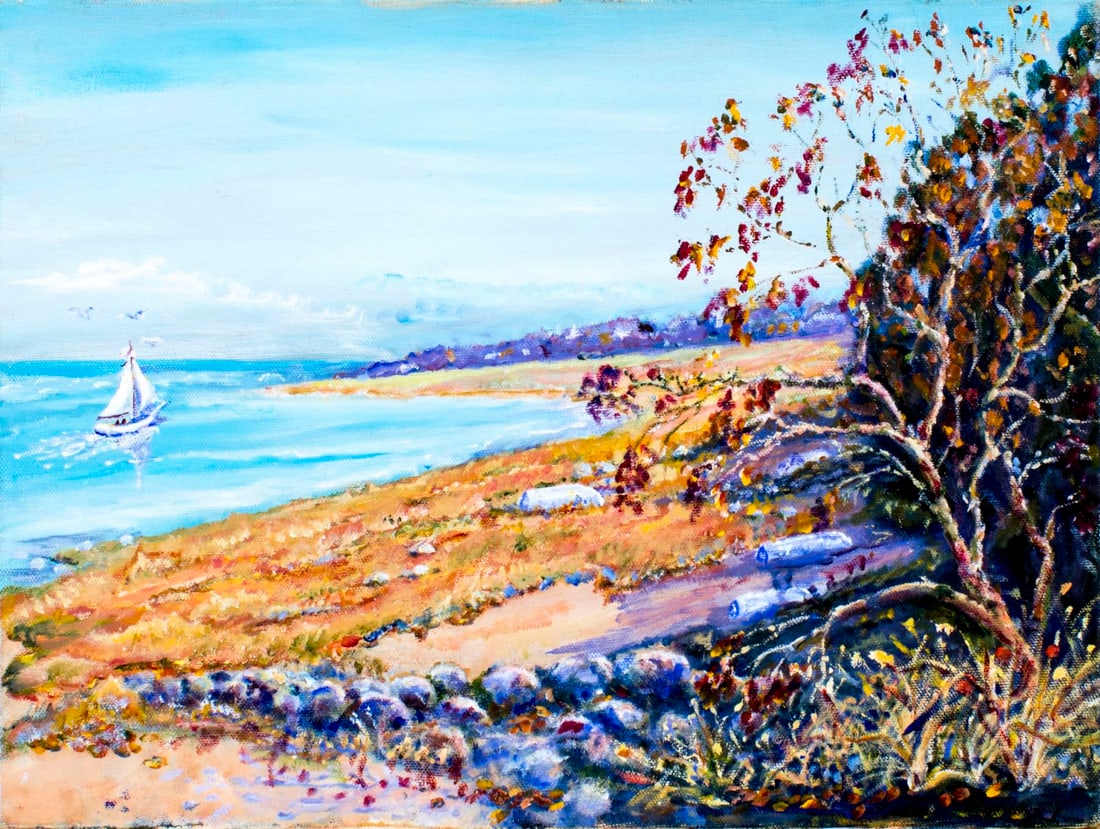 Neil Perkins (MA,20C) acrylic painting: ARTIST: Neil Perkins (Massachusetts, 20 century) NAME: Last Sail of the Season MEDIUM: acrylic on canvas CONDITION: Very good. No visible inpaint under UV light. SIGHT SIZE: 12 x 16 inche