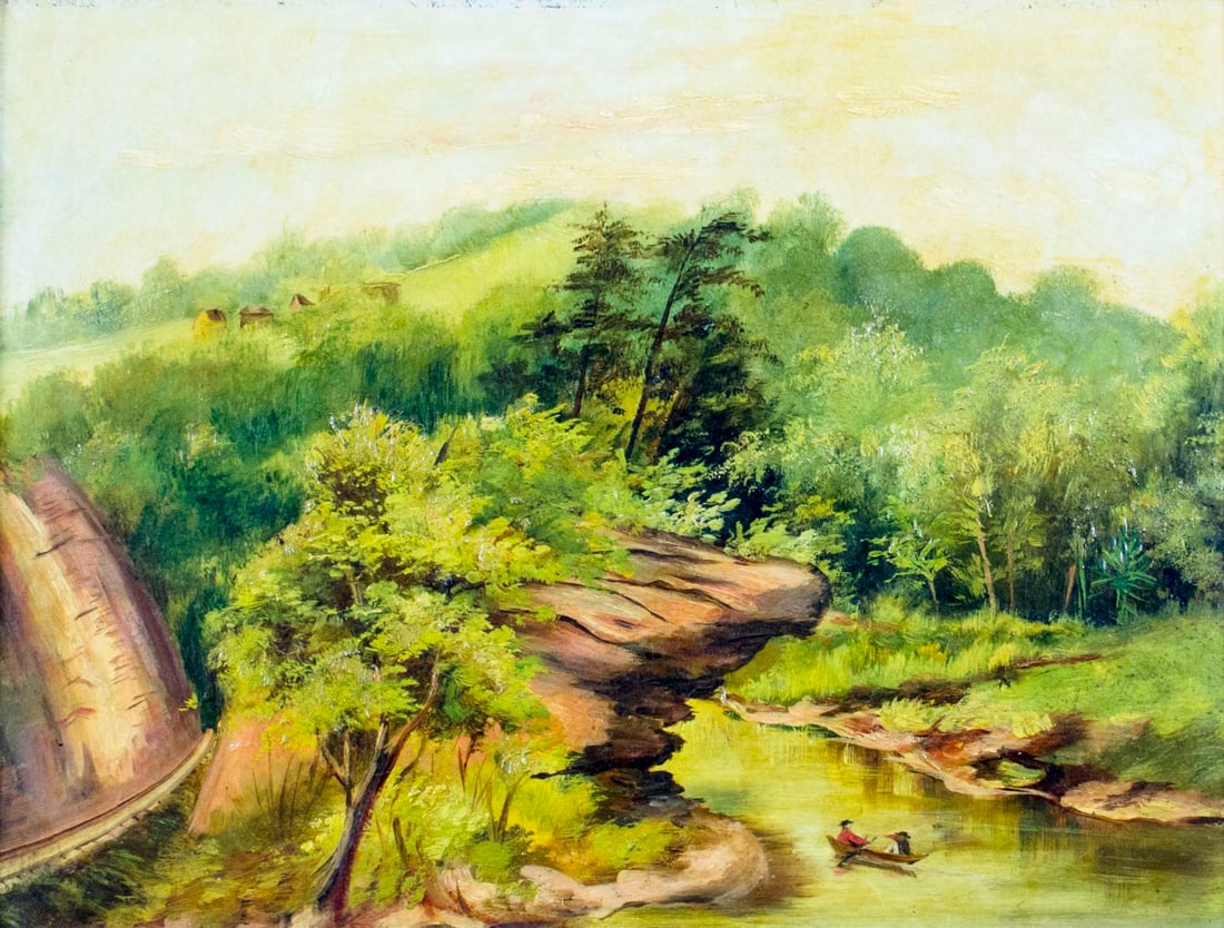 Antique 19C American oil painting: ARTIST: - (American, 19/20 centuries) TITLE: Mountain River Landscape YEAR: circa 1900 MEDIUM: oil on board CONDITION: Minor craquelure. No visible inp