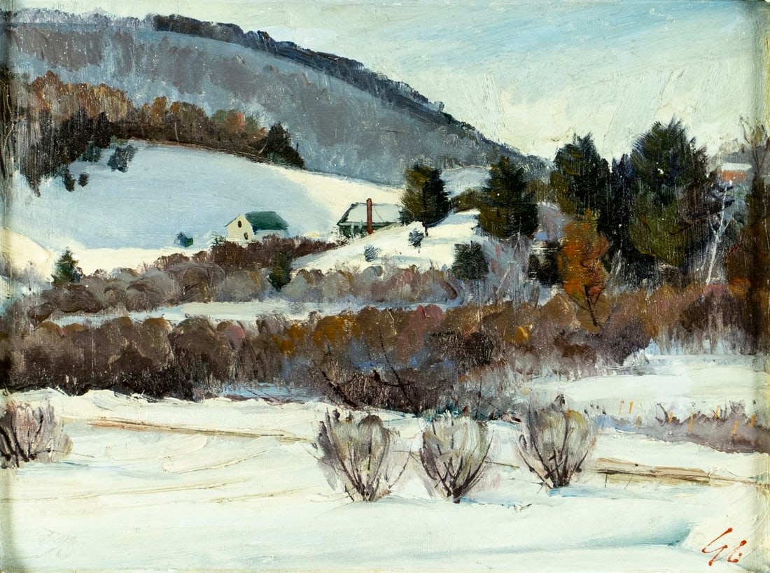 Edward Jacobsson (NY,1907-1961) oil painting: ARTIST: Edward Gustave Jacobsson (New York, 1907 - 1961) TITLE: Landscape - Road to Canaan, NY (titled on verso) MEDIUM: oil on canvas board CONDITION: Minor paint losses.