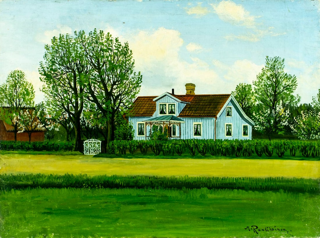 Mikael Raatikainen (Finland,Sweden,1882-1959) oil painting: ARTIST: Mikael Raatikainen (Finnish, Swedish, 1882 - 1959) TITLE: Country Landscape with House MEDIUM: oil on canvas CONDITION: Two small patches. Some small scratches/paint