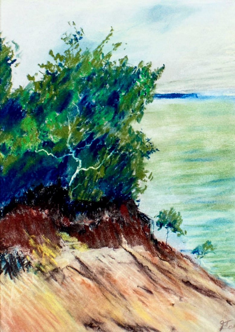 John Taft (NJ,CO,20C) pastel painting: ARTIST: John Taft (New Jersey, Colorado, 20/21 century) NAME: Landscape - Lake Ontario (titled on verso) MEDIUM: pastel on paper CONDITION: Excellent. Framed under glass. SIGHT SIZE: 11 x