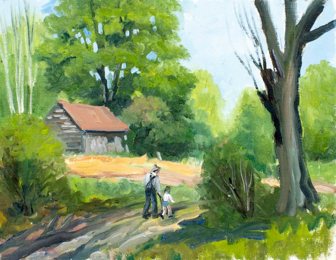 George Holloway (NJ,20C) oil painting: ARTIST: George Holloway (New Jersey, 20 century) TITLE: Countryside Landscape MEDIUM: oil on canvas board CONDITION: Few minor scratches/paint losses. No visible inpaint und