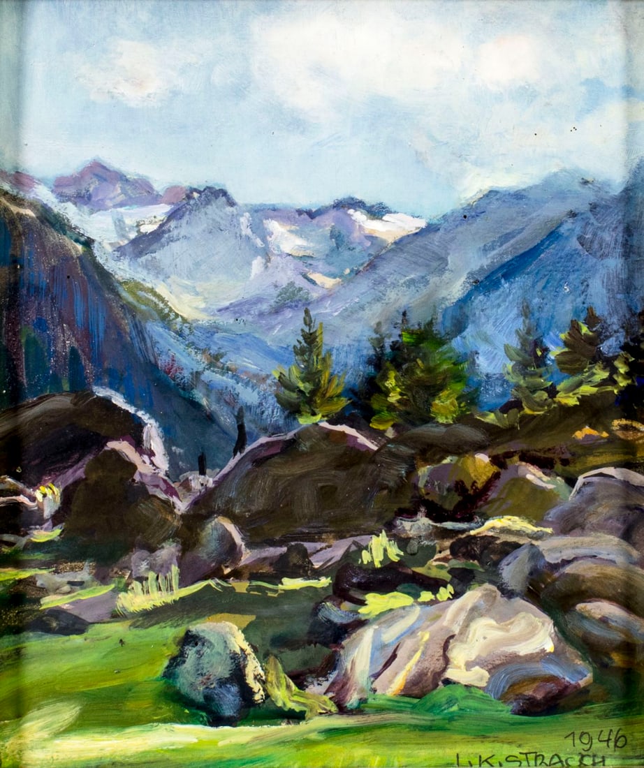 ATTRIB Ludwig Strauch (Austria,1875-1959) oil painting: ARTIST: ATTRIBUTED TO Ludwig Karl Strauch (Austrian, 1875 - 1959) TITLE: Mountain Landscape YEAR: 1946 MEDIUM: oil on board CONDITION: Very good. No vi