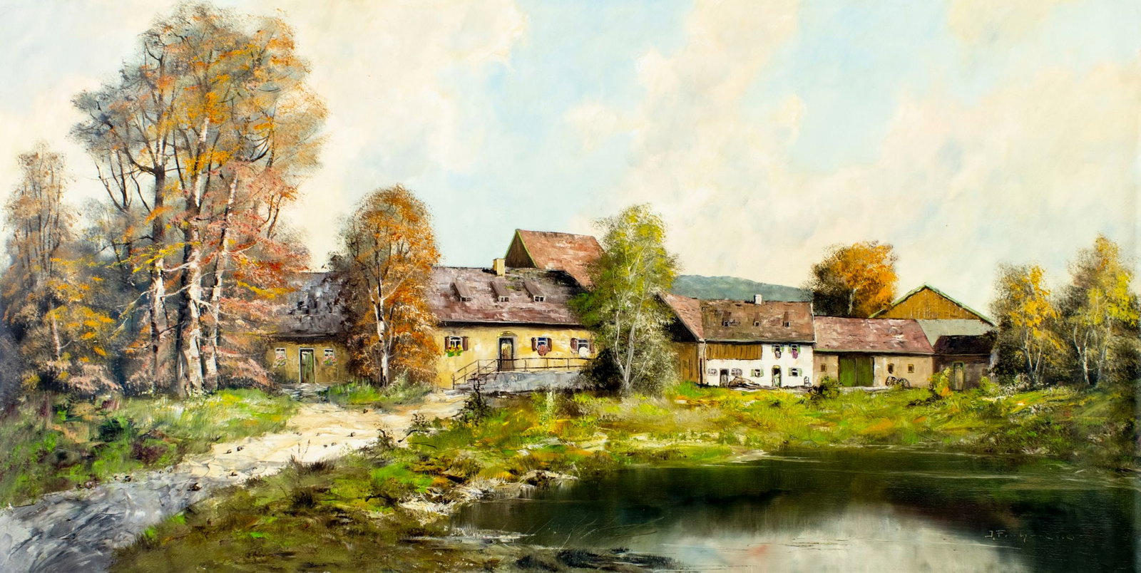 Joseph Fruhmesser (Austria,Germany,1928-1995) oil painting: ARTIST: Joseph Josef Fruhmesser (Austrian, German, 1928 - 1995) TITLE: Autumn Village Landscape MEDIUM: oil on canvas CONDITION: Unstretched (In-House stretching available