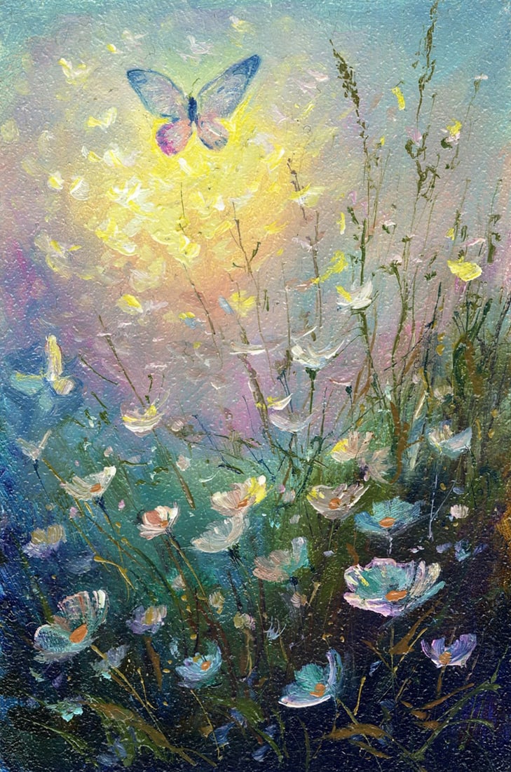Sergey Kozachkin (Ukraine,b 1965) oil painting: ARTIST: Sergey Vasilievich Kozachkin (Ukraine, born 1965) TITLE: Wildflower Landscape with Butterfly MEDIUM: oil on board CONDITION: Very good. No visible inpaint under UV l