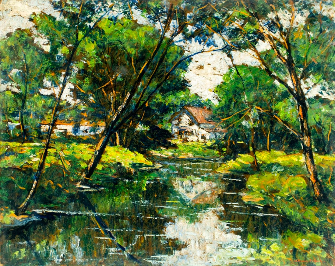 William Fisher (NY,ME,1891-1985) oil painting 2-sided: ARTIST: William Fisher (New York, Maine, 1891 - 1985) TITLE: River Village Landscape MEDIUM: oil on board CONDITION: Some damages to corners. Few small paint losses mostly