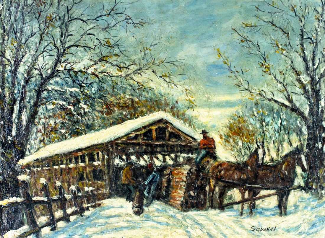 Giovanni (US,20C) oil painting: ARTIST: Giovanni (American, 20 century) TITLE: Winter Covered Bridge Landscape MEDIUM: oil on board CONDITION: Some damages to corners. Slight warping to the board. One nail