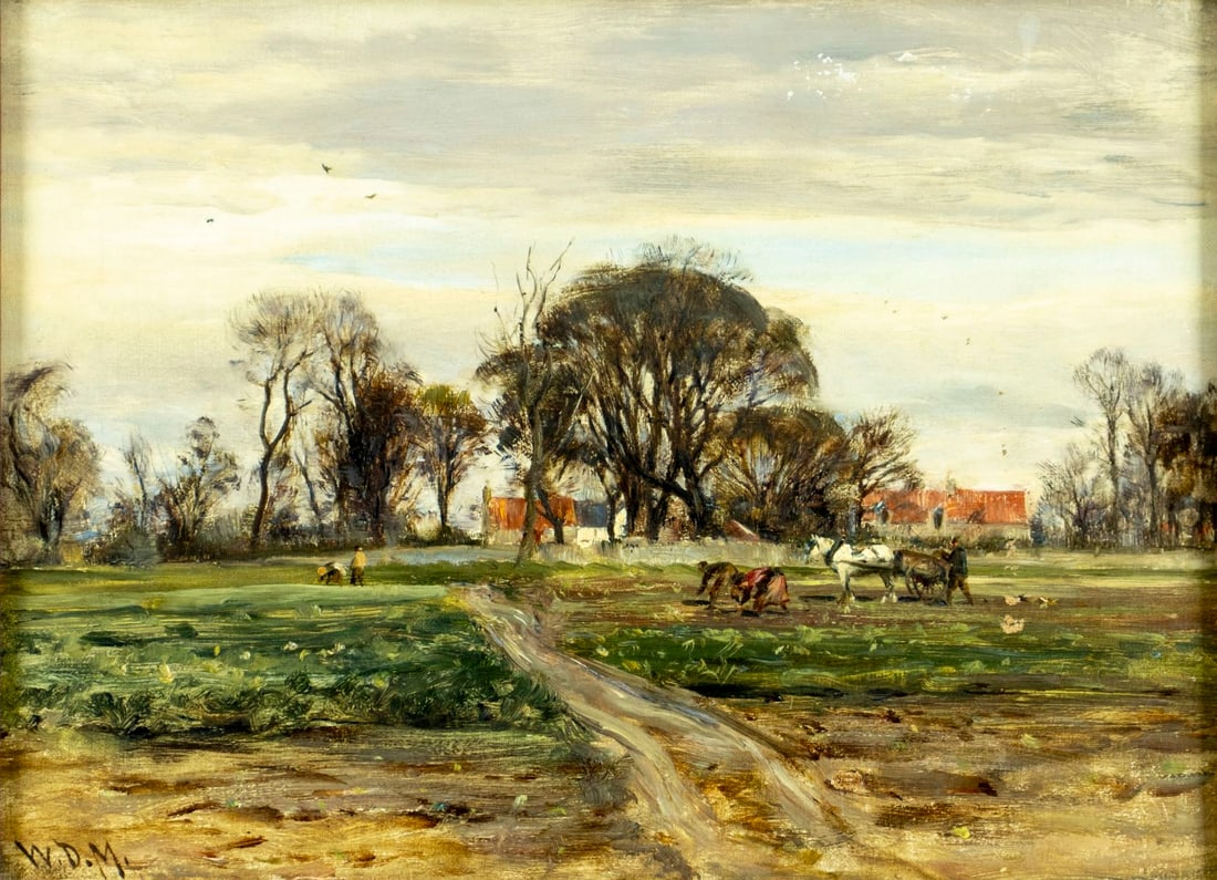 William Darling Mackay (UK,1844-1924) oil painting antique: ARTIST: William Darling Mackay (United Kingdom, 1844 - 1924) TITLE: Farm Landscape MEDIUM: oil on canvas CONDITION: One small patch. Some scratches/paint losses. Minor craqu