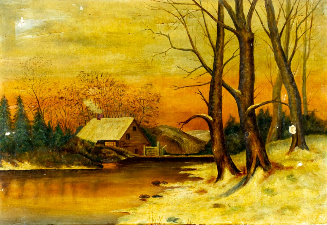 W Clarkson (US,19C) oil painting antique: ARTIST: W Clarkson (American, 19 century) TITLE: Sunset Winter River Landscape YEAR: 1890 MEDIUM: oil on canvas CONDITION: Two small patches. Some scratc