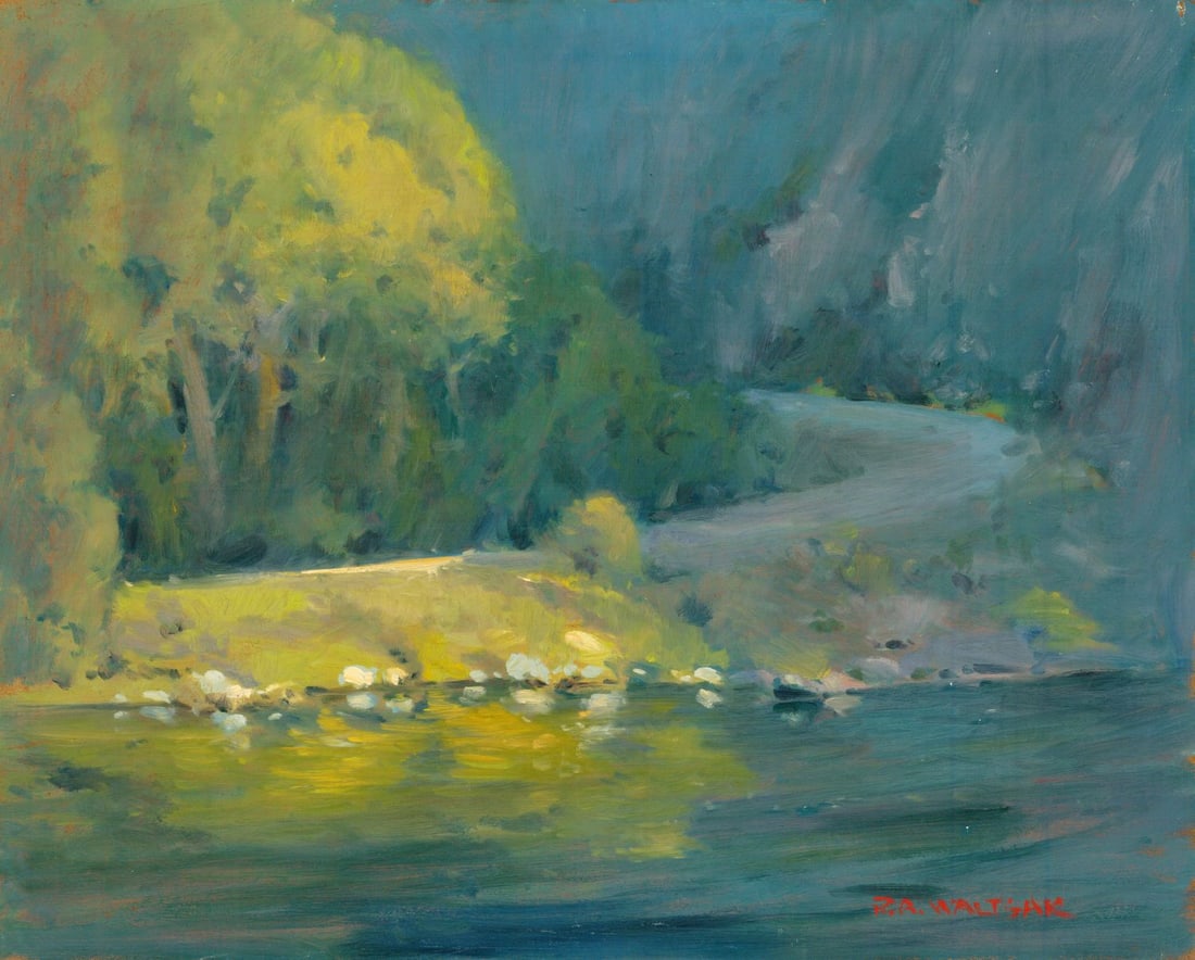 Robert Waltsak (NJ,b 1944) oil painting: ARTIST: Robert Alan Waltsak (New Jersey, born 1944) TITLE: River Landscape MEDIUM: oil on board CONDITION: Minor scratches/paint losses. No visible inpaint under UV light. N