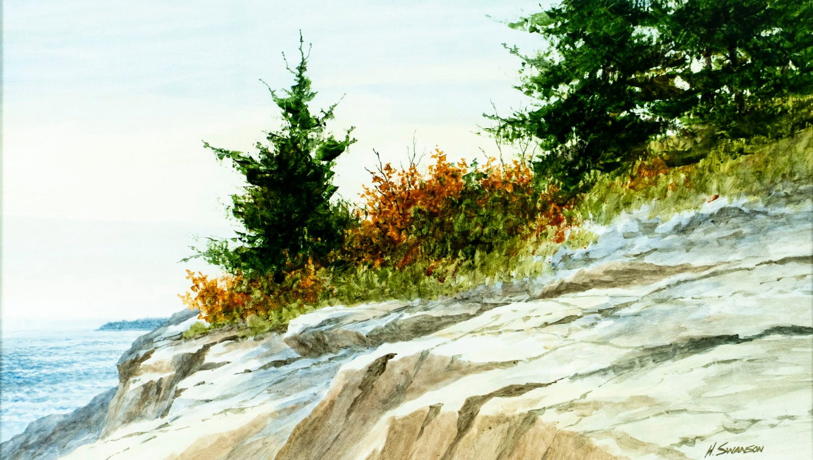 Henry Swanson (US,20/21C) watercolor painting: ARTIST: Henry Swanson (American, 20/21 centuries) TITLE: Coastal Landscape MEDIUM: watercolor on paper CONDITION: Very good. Framed under glass. Wear to frame. AR