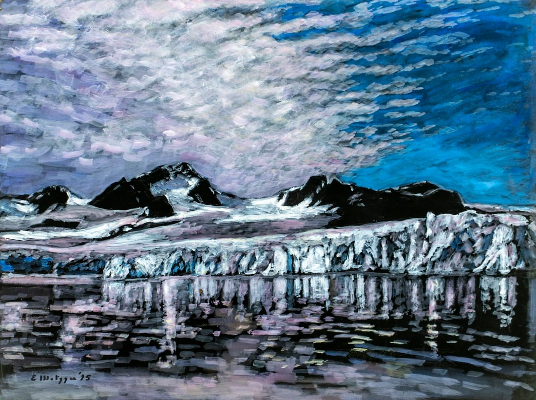 Evelyn Metzger (NY,Brazil,1911-2007) oil painting: ARTIST: Evelyn Borchard Metzger (New York, Brazilian, 1911-2007) TITLE: Arctic Glacier (titled on verso) YEAR: 1995 MEDIUM: oil on board CONDITION: Some