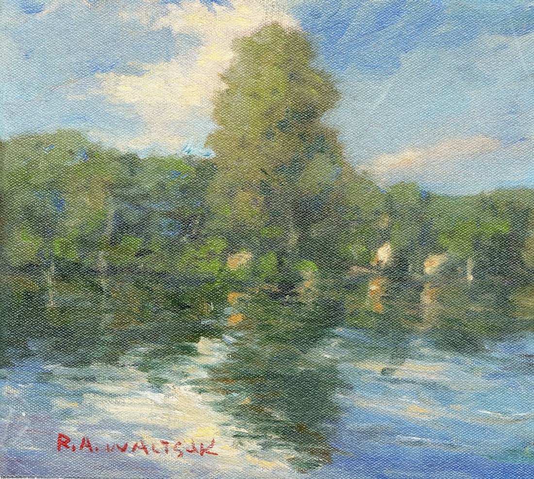 Robert Waltsak (NJ,b 1944) oil painting: ARTIST: Robert Alan Waltsak (New Jersey, born 1944) TITLE: River Landscape MEDIUM: oil on canvas. Canvas applied to board. CONDITION: Very good. No visible inpaint under UV
