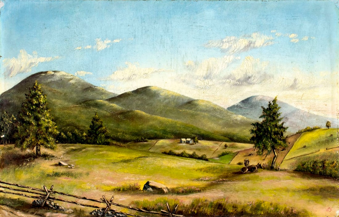 N E Cornwall (US,19C) oil painting antique: ARTIST: N E Cornwall (American, 19/20 centuries) TITLE: Country Landscape MEDIUM: oil on board CONDITION: Normal wear along edges. Minor craquelure. No visible inpaint under