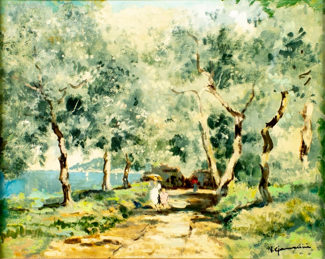 V Giannaccini (Italy,20C) oil painting: ARTIST: V Giannaccini (Italian, 20 century) TITLE: Coastal Landscape with Figures MEDIUM: oil on canvas CONDITION: Some inpaintings along edges. Wear to frame. AR