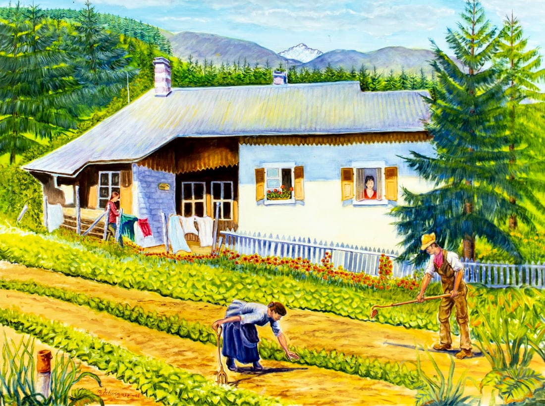 Murray Schwimmer Papell (NY,1924-2017) acrylic painting: ARTIST: Murray Schwimmer Papell (New York, 1924 - 2017) TITLE: Farm Landscape - Les Champs, France (titled on verso) YEAR: 2001 MEDIUM: acrylic on canvas CONDITIO