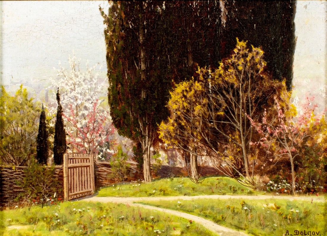 A Dolgov (Russia,early 20C) oil painting antique: ARTIST: A Dolgov (Russian, early 20 century) TITLE: Spring Landscape MEDIUM: oil on canvas. Canvas applied to board. CONDITION: Few small scratches/paint losses. Some craque