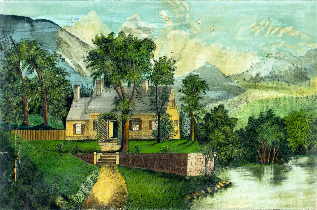 Antique 19C European oil painting: ARTIST: - (Europe, 19 century) TITLE: Mountain Landscape with Cottage MEDIUM: oil on canvas CONDITION: Some patches. Some scratches/paint losses. Some craquelure. No visible