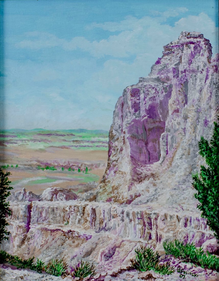William Felinski (US,20/21C) oil painting: ARTIST: William Felinski (American, 20/21 centuries) TITLE: Landscape - The Badlands of South Dakota (titled on verso) YEAR: 2007 MEDIUM: oil on canvas board COND