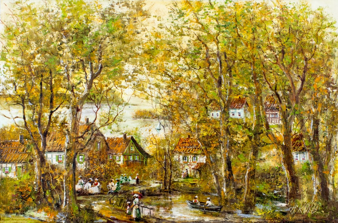 H King (Europe,20C) oil painting: ARTIST: H King (European, 20 century) TITLE: Autumn Village Scene MEDIUM: oil on canvas CONDITION: Unstretched (In-House stretching available) (In-House stretching available