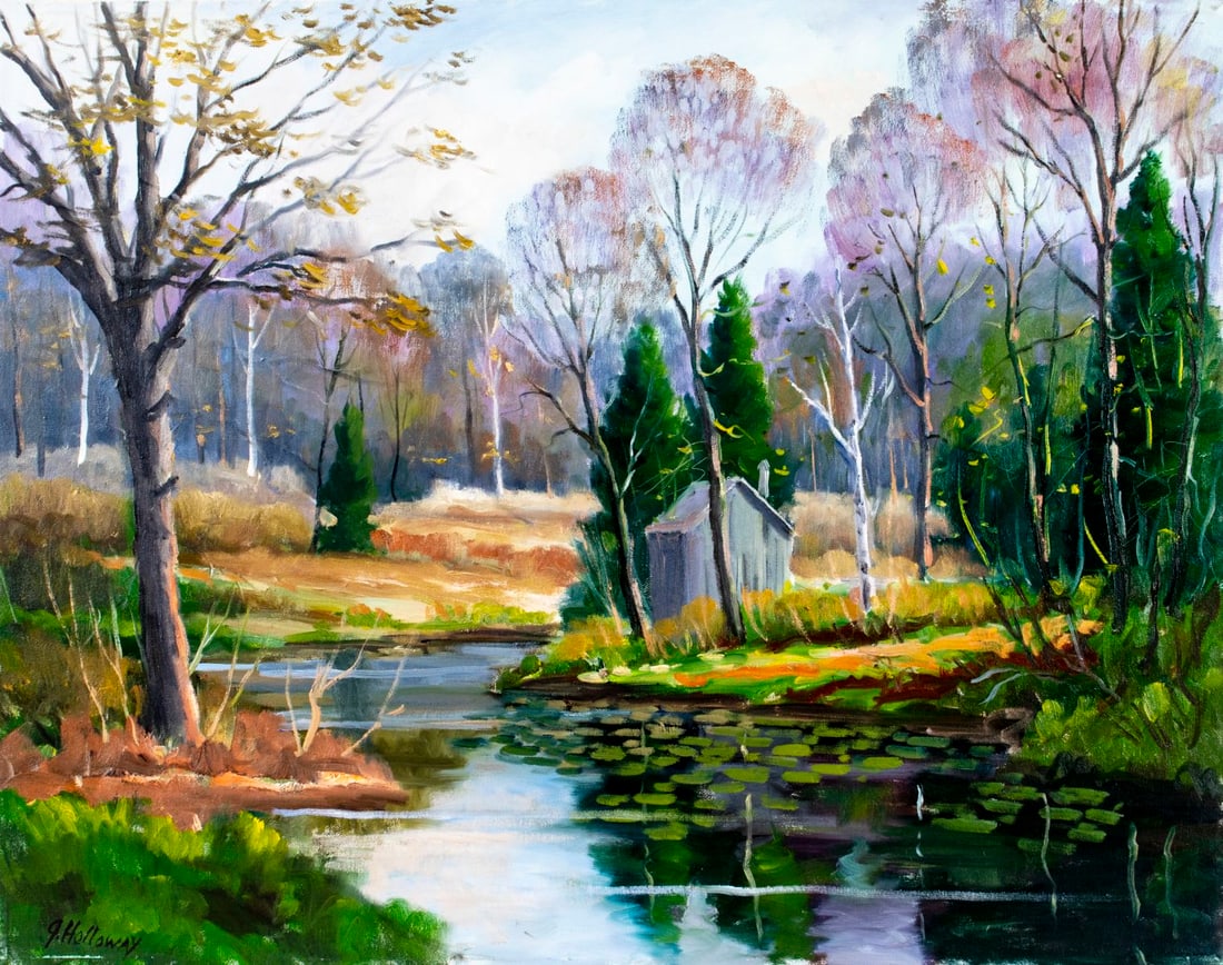 George Holloway (NJ,20C) oil painting: ARTIST: George Holloway (New Jersey, 20 century) TITLE: Autumn River Landscape MEDIUM: oil on canvas CONDITION: Few minor paint losses mostly along edges. No visible inpaint