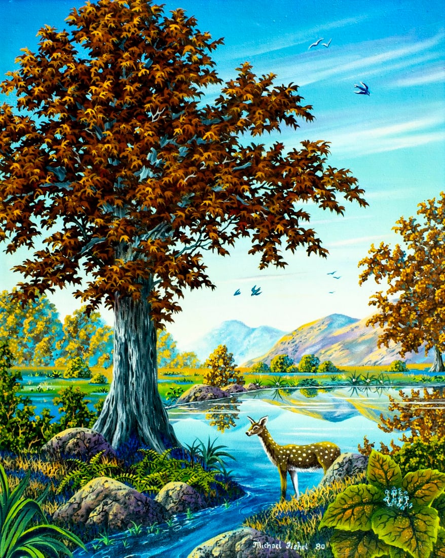 Michael Fishel (US,20C) oil painting: ARTIST: Michael Fishel (American, 20 century) TITLE: Mountain River Landscape with Deer YEAR: 1980 MEDIUM: oil on canvas CONDITION: Unstretched (In-House