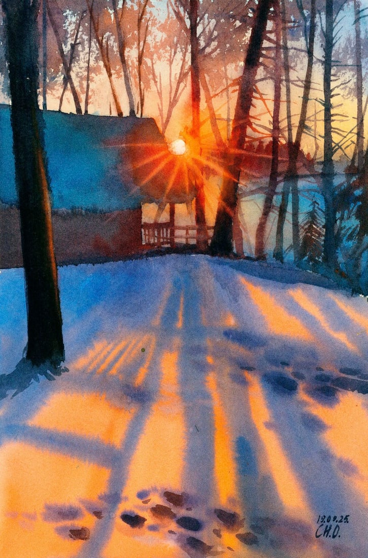 Oksana Chernachuk (Ukraine,b 1989) watercolor painting: ARTIST: Oksana Chernachuk (Ukraine, born 1989) TITLE: Sunset Winter Village Landscape MEDIUM: watercolor on heavy paper CONDITION: Very good. ART SIZE: 1