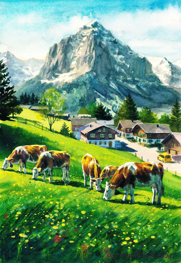 Sofia Kuzmenko (Ukraine,20/21C) watercolor painting: ARTIST: Sofia Kuzmenko (Ukraine, 20/21 centuries) TITLE: Alpine Landscape with Cows, Switzerland MEDIUM: watercolor on heavy paper CONDITION: Very good. ART SIZE: