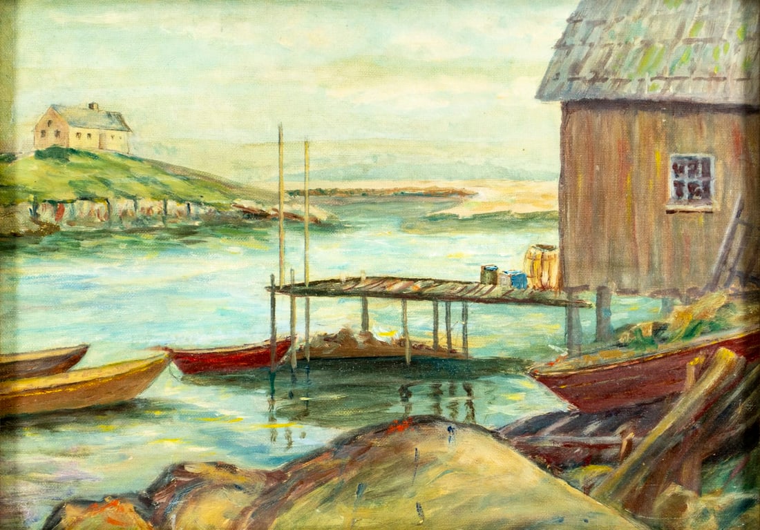 Vintage mid 20C American oil painting: ARTIST: - (American, mid 20 century) TITLE: Harbor Scene MEDIUM: oil on canvas board CONDITION: Overall good. No visible inpaint under UV light. Wear to frame.