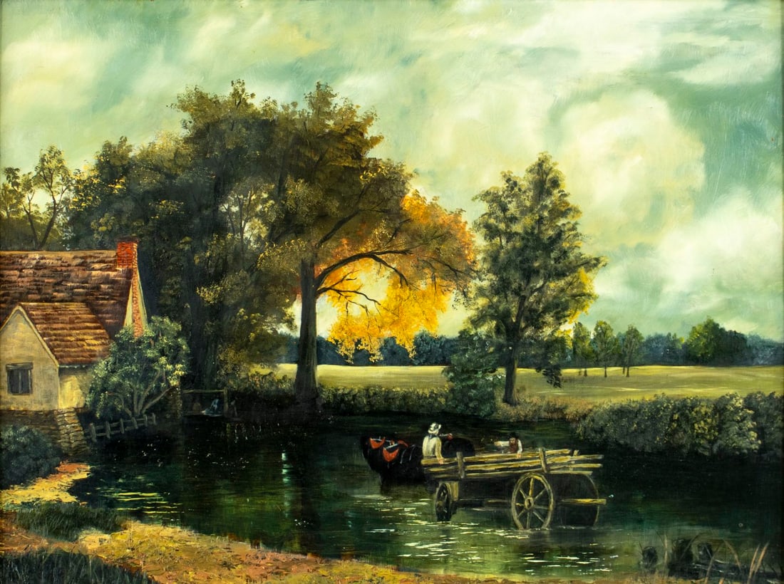 Vintage 20C American oil painting AFTER John Constable: ARTIST: - (American, 20 century) AFTER John Constable TITLE: Landscape - The Hay Wain MEDIUM: oil on board CONDITION: Minor scratches/paint losses mostly in the lower left