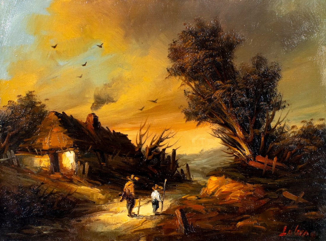 L Lobray (Europe,20C) oil painting: ARTIST: L Lobray (European, 20 century) TITLE: Sunset Village Landscape MEDIUM: oil on canvas CONDITION: Unstretched (In-House stretching available) (In-House stretching ava
