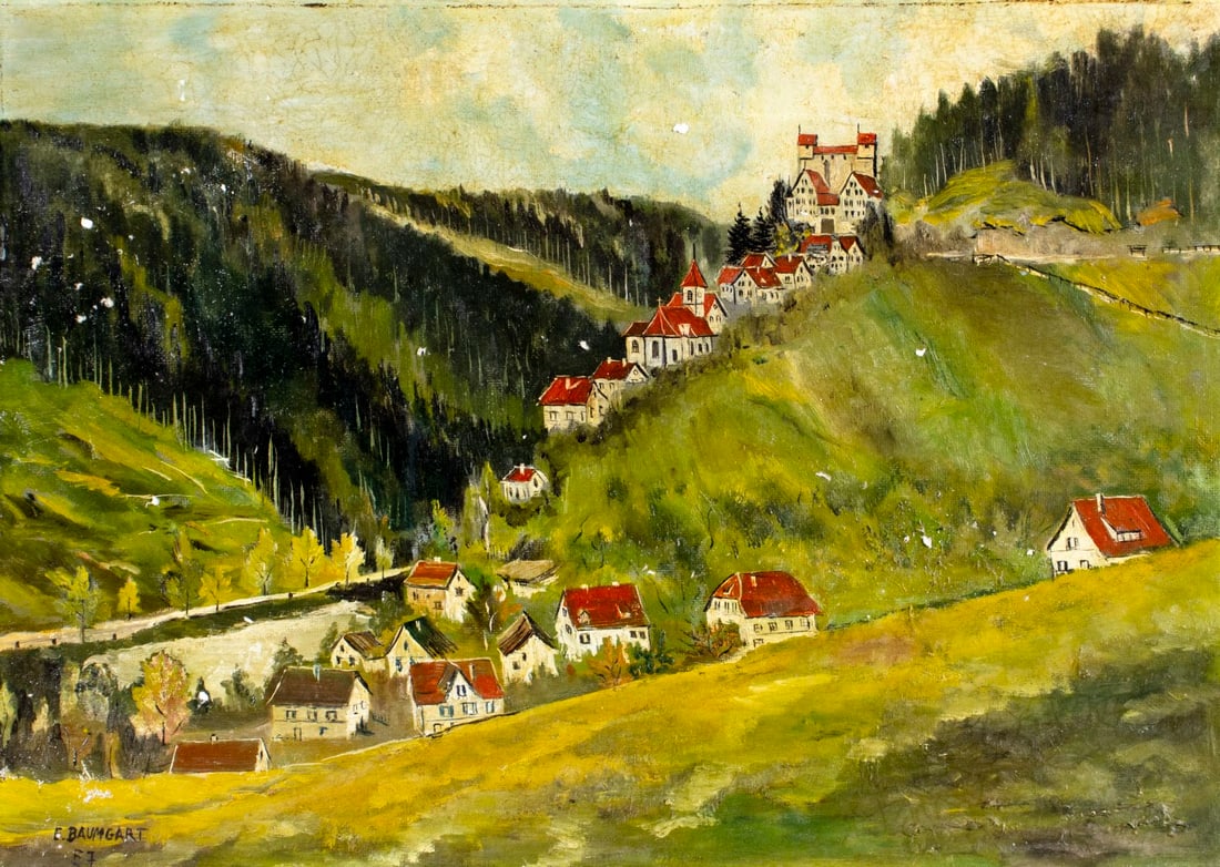 E Baumgart (German,mid 20C) oil painting: ARTIST: E Baumgart (Germany, mid 20 century) TITLE: Blick auf Berneck im Schwarzwald (titled on verso) YEAR: 1957 MEDIUM: oil on canvas. Canvas applied to board.