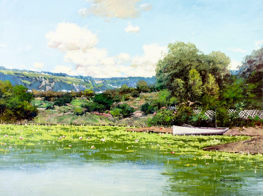 Law Kwok Leung (China,US,1954-?) oil painting: ARTIST: Law Kwok Leung (China, United States, 1954 - ???) TITLE: Lake Landscape with Boat MEDIUM: oil on canvas CONDITION: Unstretched (In-House stretching available) (In-Ho
