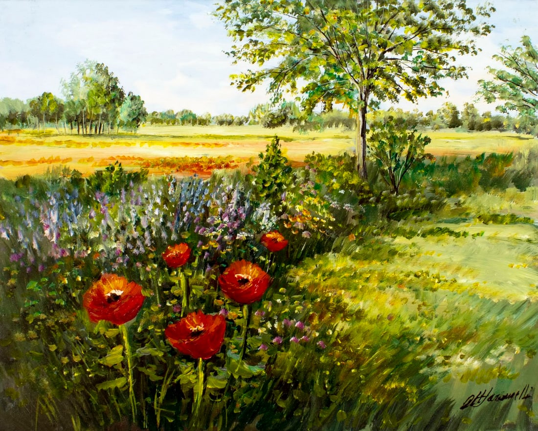 Marianelli (TX,20C) oil painting: ARTIST: Marianelli (Texas, 20 century) TITLE: Flower Field Landscape MEDIUM: oil on canvas CONDITION: Unstretched (In-House stretching available) (In-House stretching availa