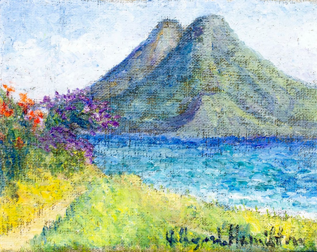 Hildegarde Hamilton (FL,VA,1898-1970) oil painting: ARTIST: Hildegarde Hume Hamilton (Florida, Virginia, 1898 - 1970) TITLE: Mountain Lake Landscape MEDIUM: oil on canvas CONDITION: Missing a few flakes of paint. No visible