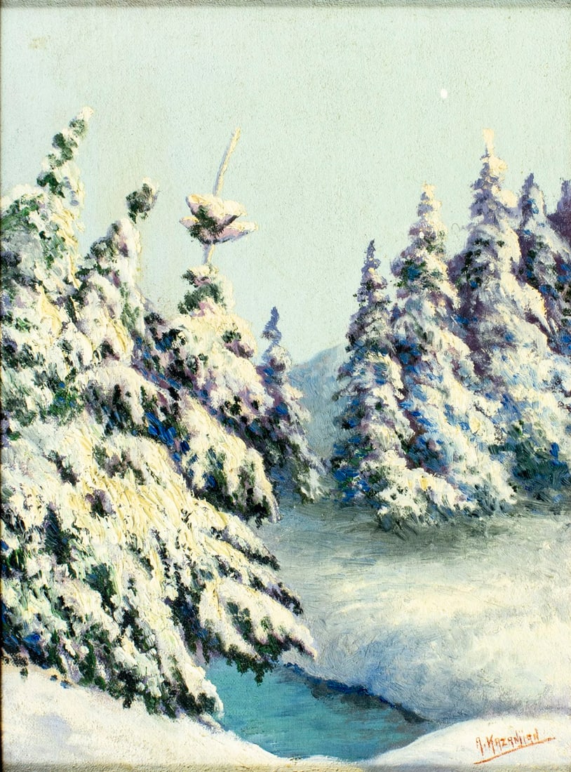 A Kazanjian (US,20C) oil painting: ARTIST: A Kazanjian (American, 20 century) TITLE: Winter Forest Landscape MEDIUM: oil on canvas board CONDITION: Missing a few flakes of paint. Minor craquelure. No visible