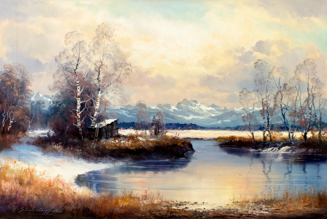 Helmut Stadelhofer (German,1914-1979) oil painting: ARTIST: Helmut Stadelhofer (Germany, 1914 - 1979) TITLE: Winter Lake Landscape MEDIUM: oil on canvas CONDITION: Unstretched (In-House stretching available) (In-House stret