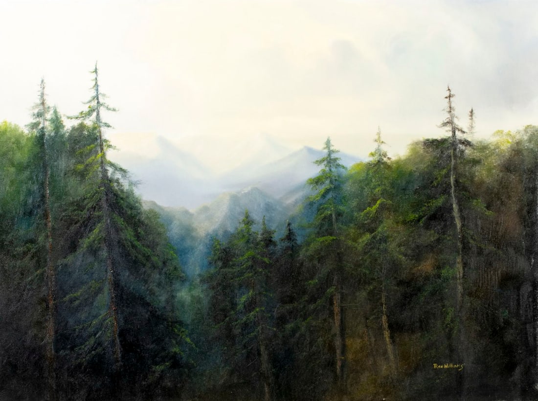 Ron Williams (TN,1947-2016) oil painting: ARTIST: Ron Williams (Tennessee, 1947 - 2016) TITLE: Mountain Landscape MEDIUM: oil on canvas CONDITION: Some paint losses mostly by the right edge. No visible inpaint und