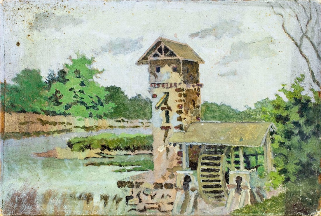 Antique early 20C American oil painting: ARTIST: - (American, early 20 century) TITLE: Watermill Landscape MEDIUM: oil on canvas board CONDITION: Few small paint losses. Few small inpaitings. ART SIZE: